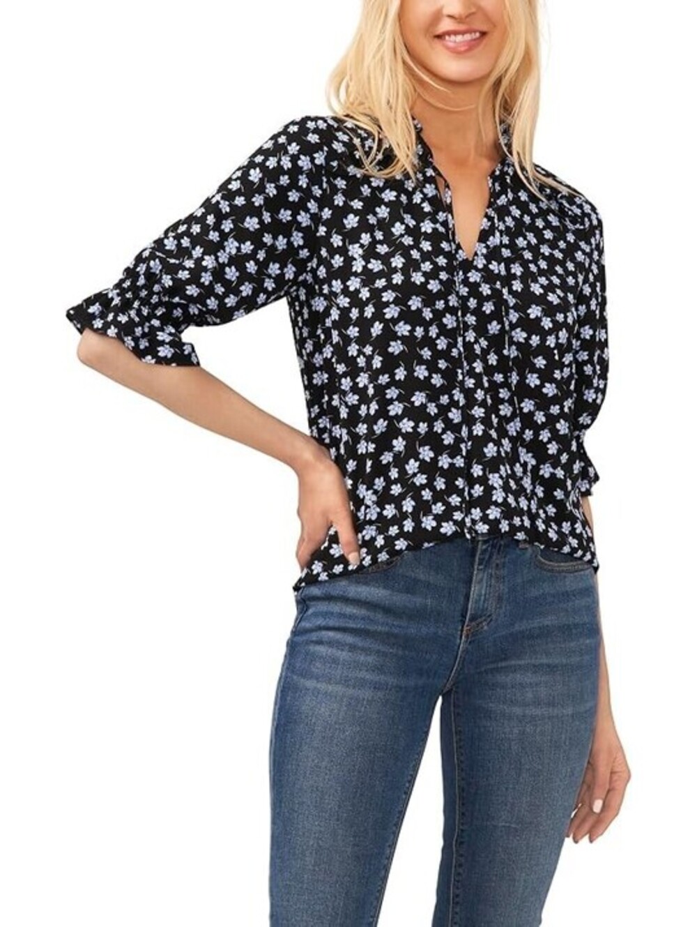 CeCe Women's Elbow Sleeve Split Neck Top XL